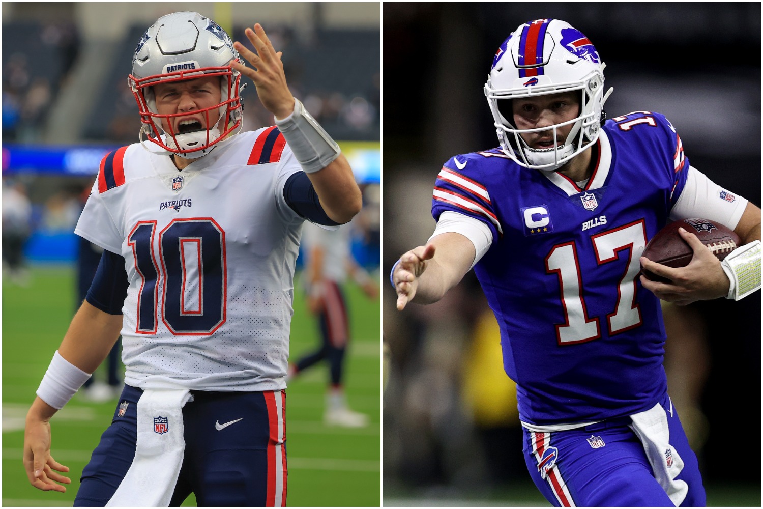 New England Patriots QB Mac Jones gets fired up before a game as Buffalo Bills QB Josh Allen points to a teammate to execute a block.