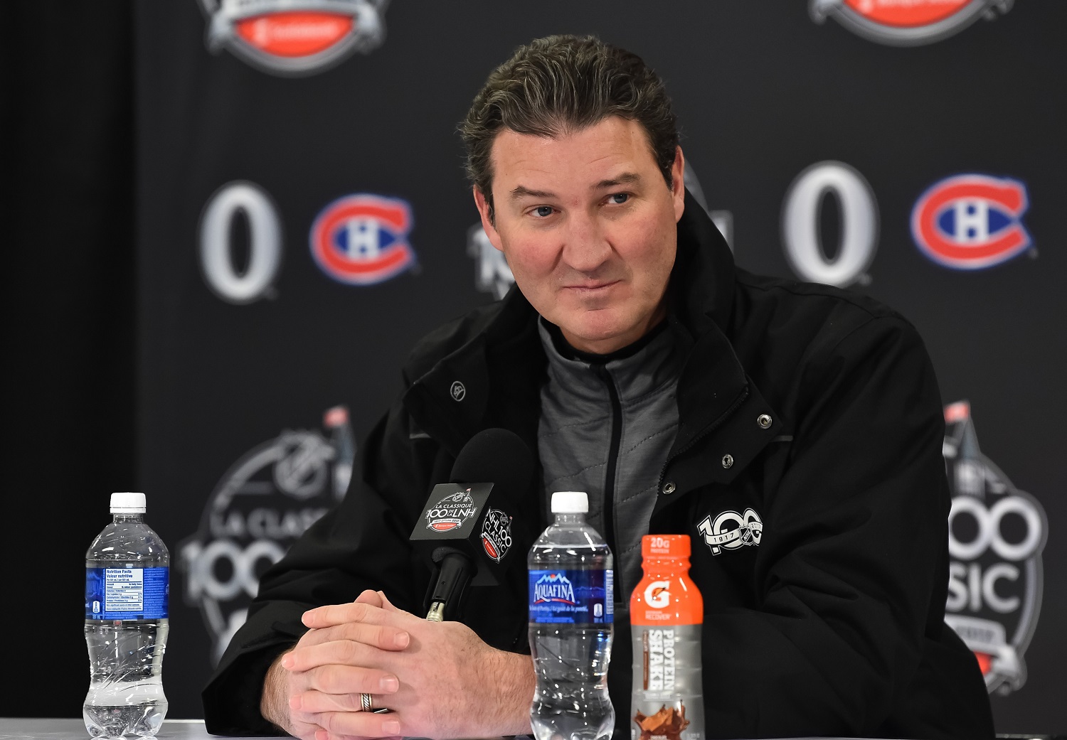 NHL legend Mario Lemieux talks to the media during the 2017 Scotiabank NHL100 Classic at Lansdowne Park on Dec. 16, 2017, in Ottawa, Canada.