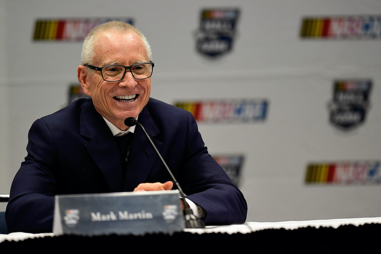 Mark Martin speaks to the media following his induction to the NASCAR Hall of Fame in 2017