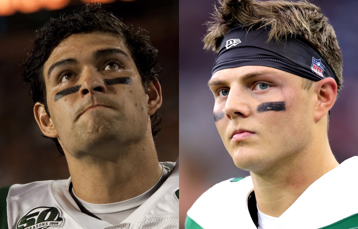 New York Jets quarterbacks Mark Sanchez (L) and Zach Wilson.