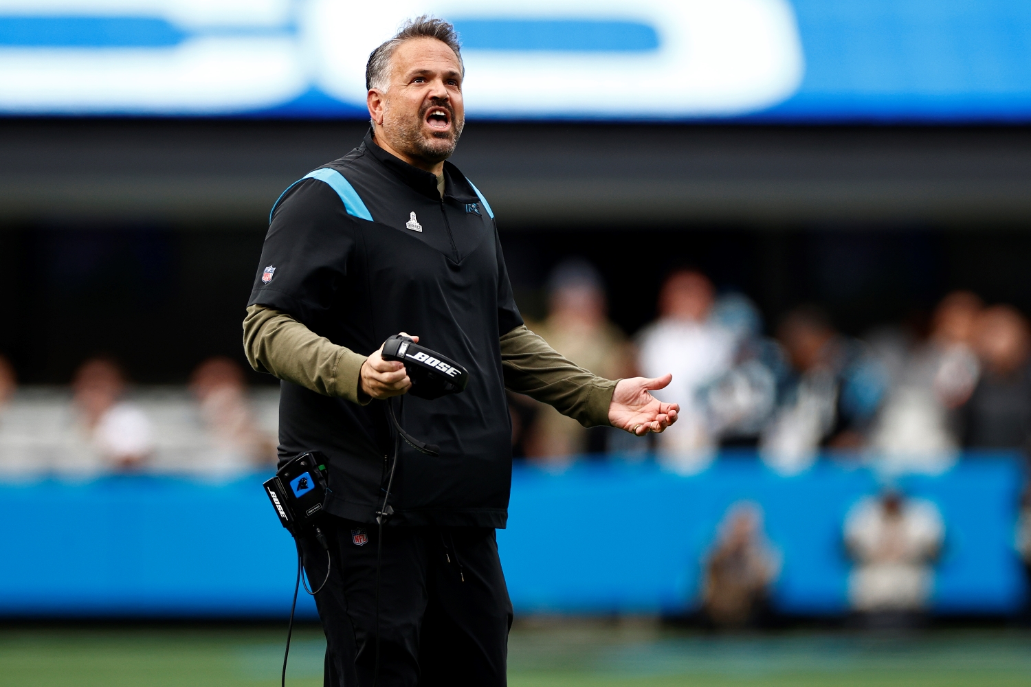 Carolina Panthers head coach Matt Rhule reacts to a play during a game against the Washington Football Team.