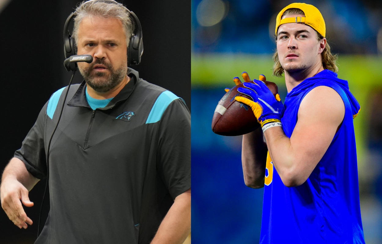 Carolina Panthers head coach Matt Rhule (L) and Pittsburgh Panthers quarterback Kenny Pickett in 2021.