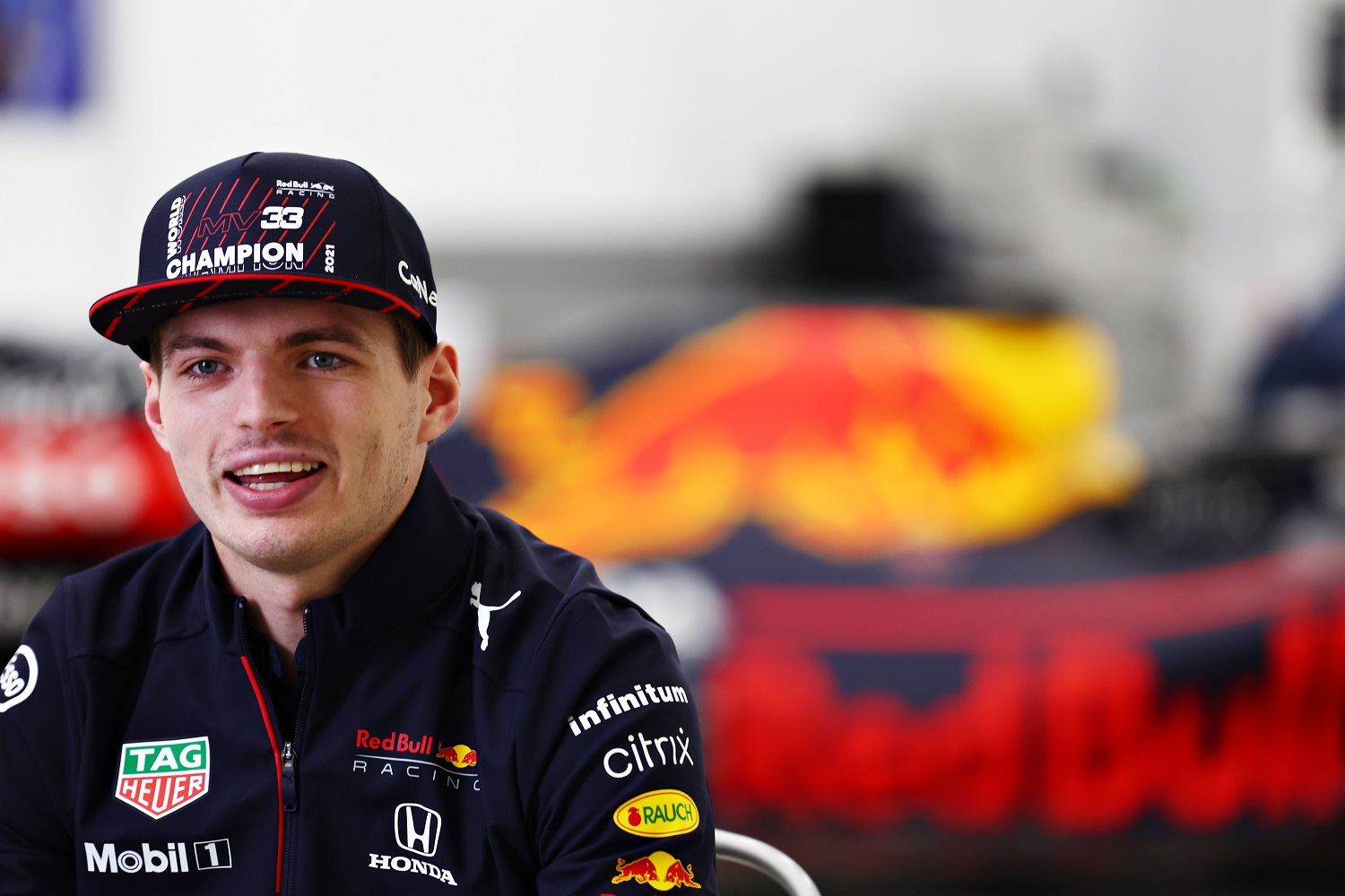 World Drivers' Champion Max Verstappen talks to the media at Red Bull Racing Factory on Dec. 15, 2021, in Milton Keynes, England. | Mark Thompson/Getty Images