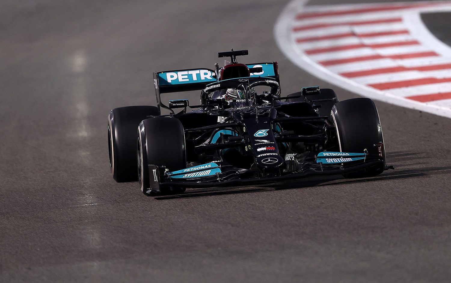 Lewis Hamilton of Great Britain driving the No. 44 Mercedes AMG Petronas F1 Team Mercedes W12 during the Formula 1 Grand Prix of Abu Dhabi on Dec. 12, 2021. Lars Baron/Getty Images