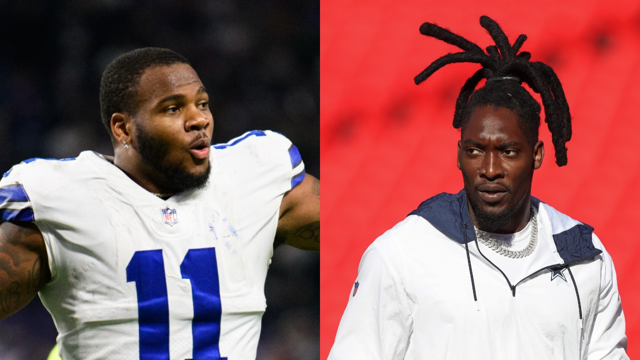 Cowboys LB Micah Parsons reacts after a game; Defensive end DeMarcus Lawrence looks on before game against the Chiefs