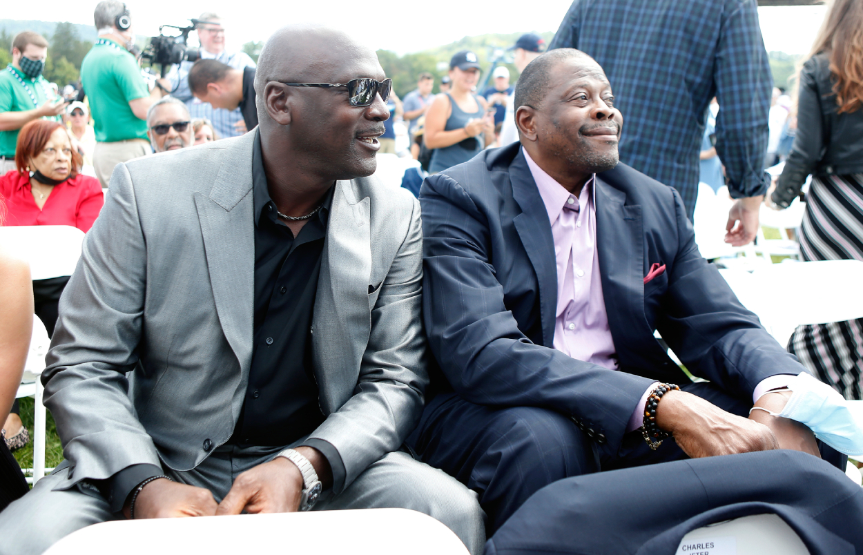 NBA Hall of Famers Michael Jordan (L) and Patrick Ewing attend the Baseball Hall of Fame induction ceremony.
