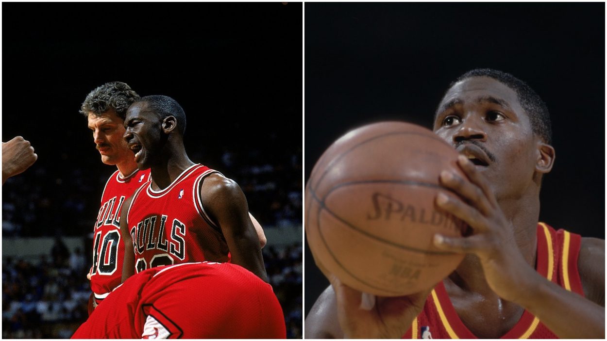 L-R: Michael Jordan talks to Chicago Bulls teammates during an NBA game in 1987-88 and Atlanta Hawks legend Dominique Wilkins at the free-throw line during a game in 1986