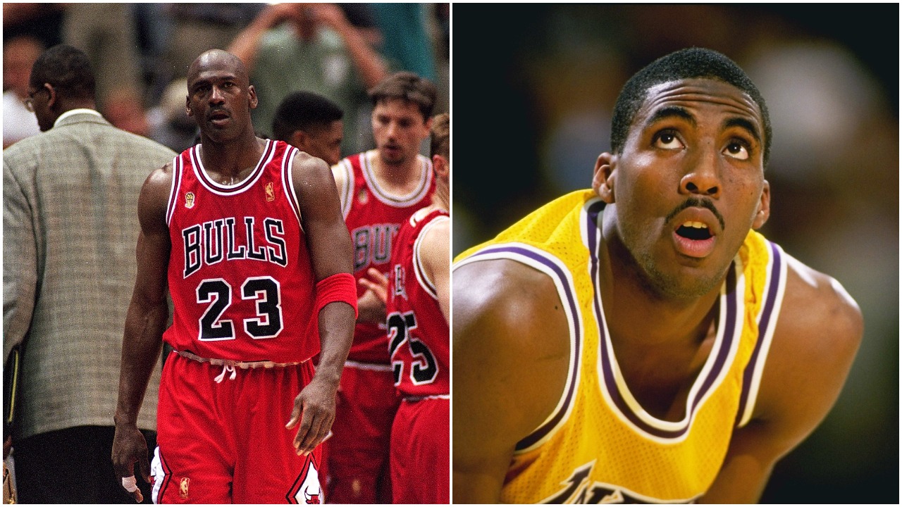 L-R: Chicago Bulls great Michael Jordan during Game 5 of the 1997 NBA Finals and former Los Angeles Lakers star Eddie Jones in April 1997