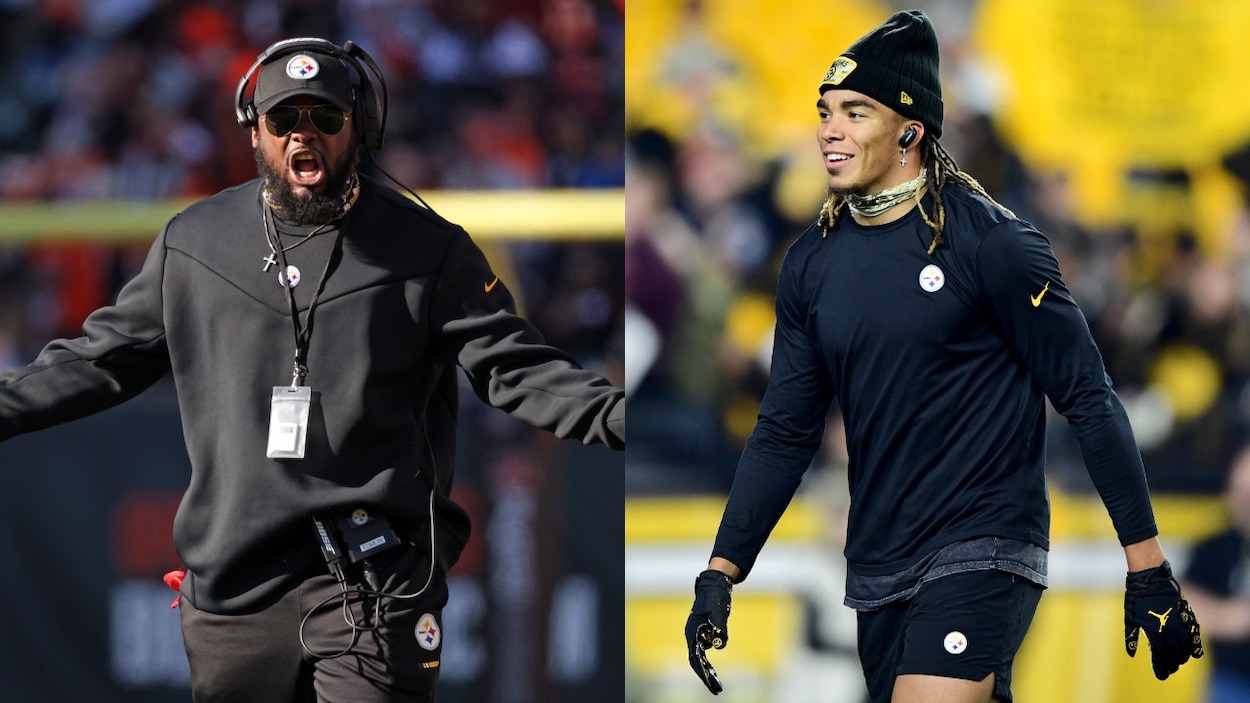 (L-R) CINCINNATI, OHIO - NOVEMBER 28: Head coach Mike Tomlin of the Pittsburgh Steelers reacts from the sideline during the second quarter against the Cincinnati Bengals at Paul Brown Stadium on November 28, 2021 in Cincinnati, Ohio; Chase Claypool of the Pittsburgh Steelers warms up before a game against the Chicago Bears at Heinz Field on November 08, 2021 in Pittsburgh, Pennsylvania.