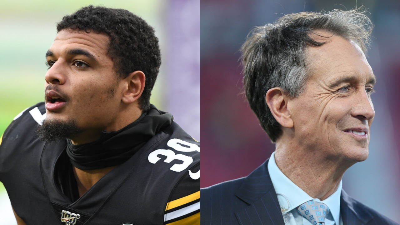 Steelers safety Minkah Fitzpatrick looks on before a game; Cris Collinsworth looks on during an NFL game