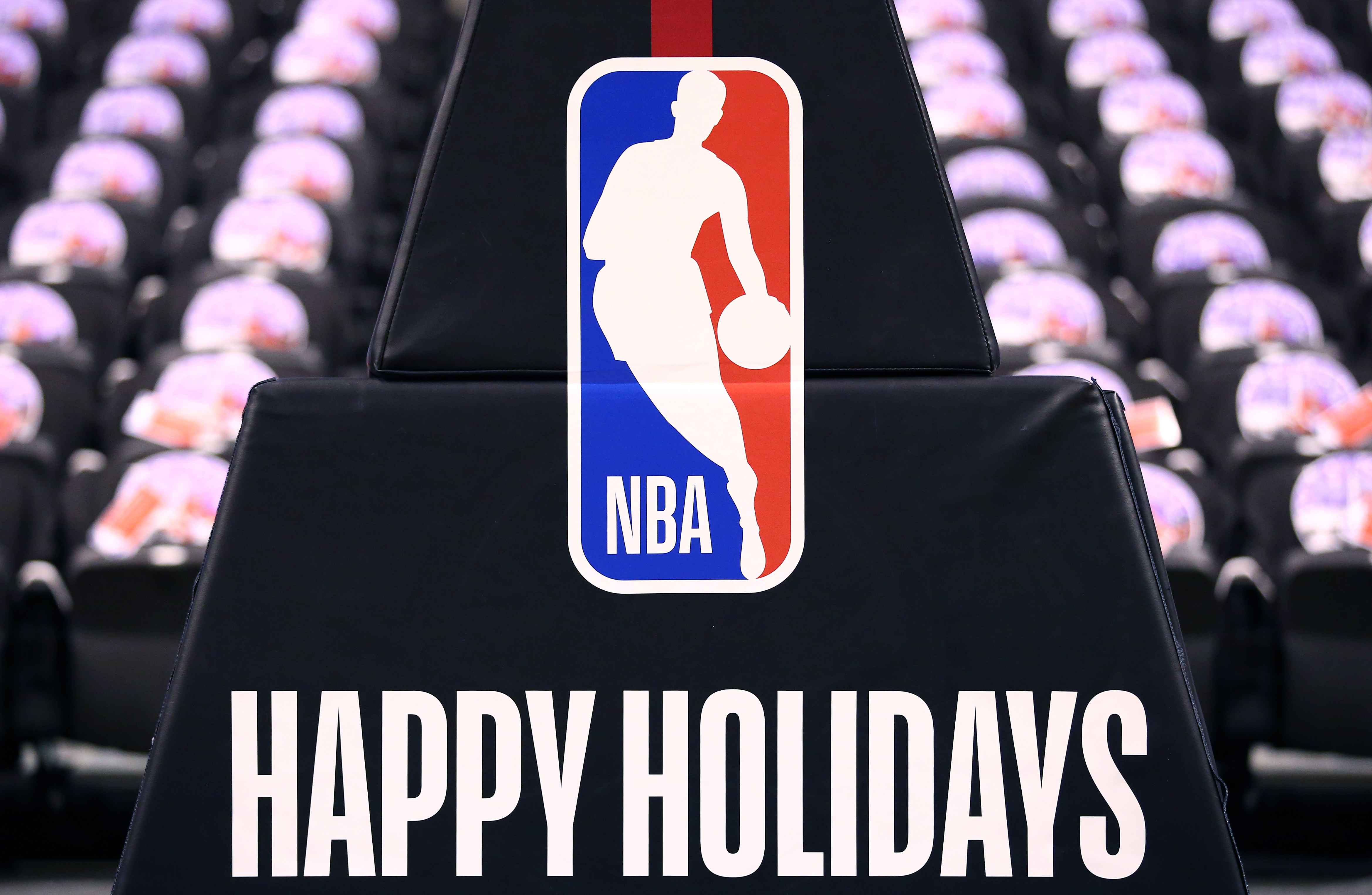 The basket stanchion before an NBA Christmas Day game between the Boston Celtics and Toronto Raptors in 2019