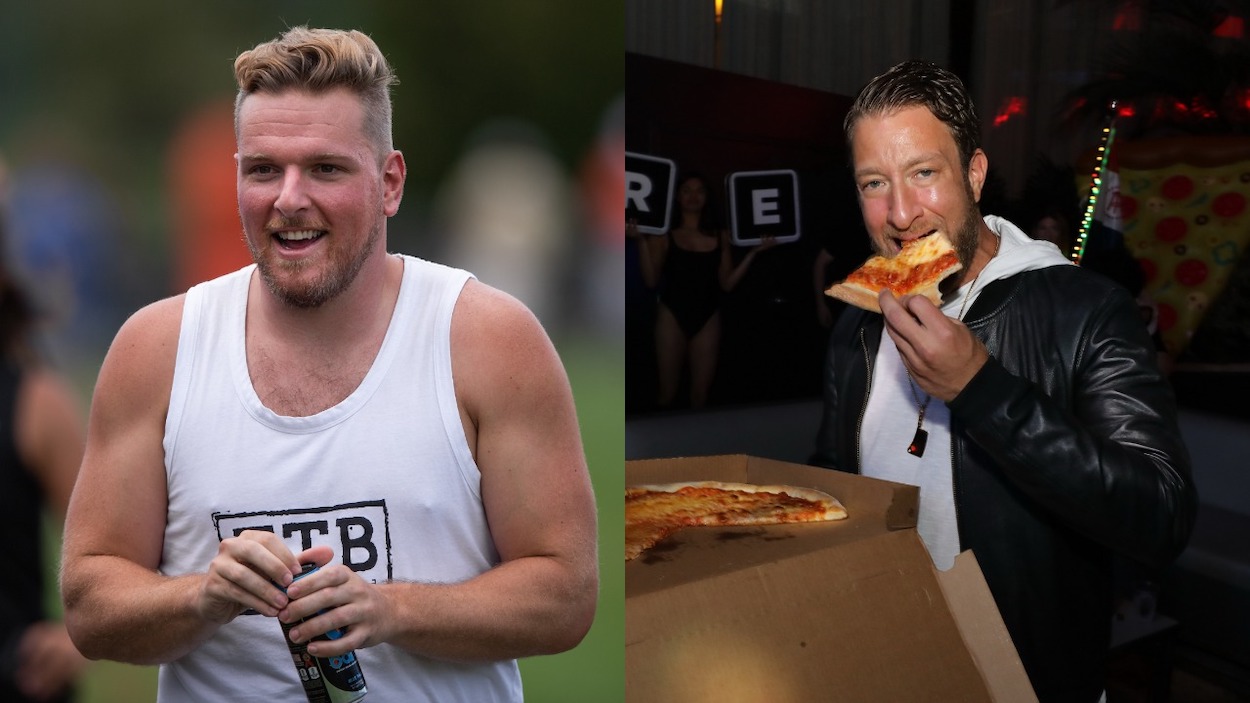 (L-R) Former NFL punter Pat McAfee watches the Indianapolis Colts and Cleveland Browns joint training camp practice on August 14, 2019 at the Grand Park Sports Campus in Westfield, IN; Dave Portnoy of Barstool Sports hosts The Pool After Dark at Harrah's Resort on Saturday May 11, 2019 in Atlantic City, New Jersey.