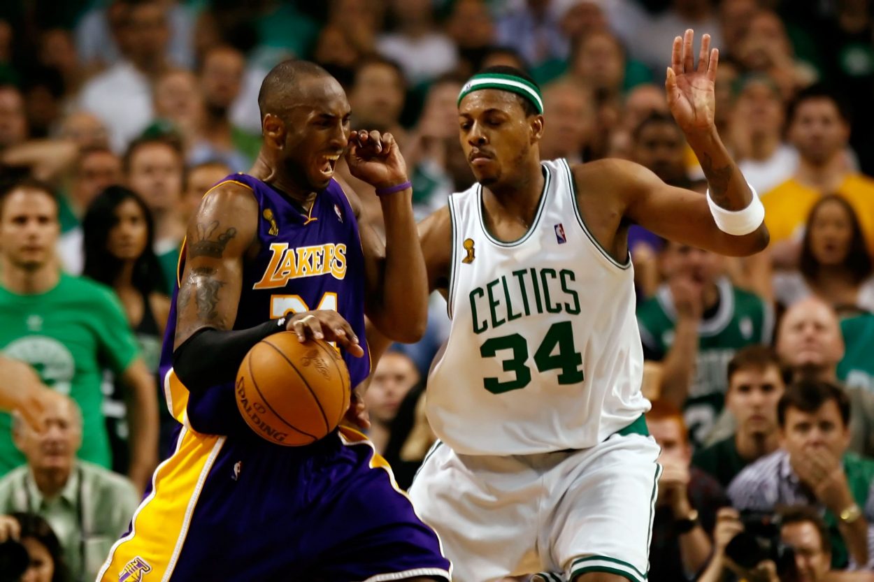 Former Boston Celtics great Paul Pierce defends Los Angeles Lakers legend Kobe Bryant during Game 2 of the 2008 NBA Finals