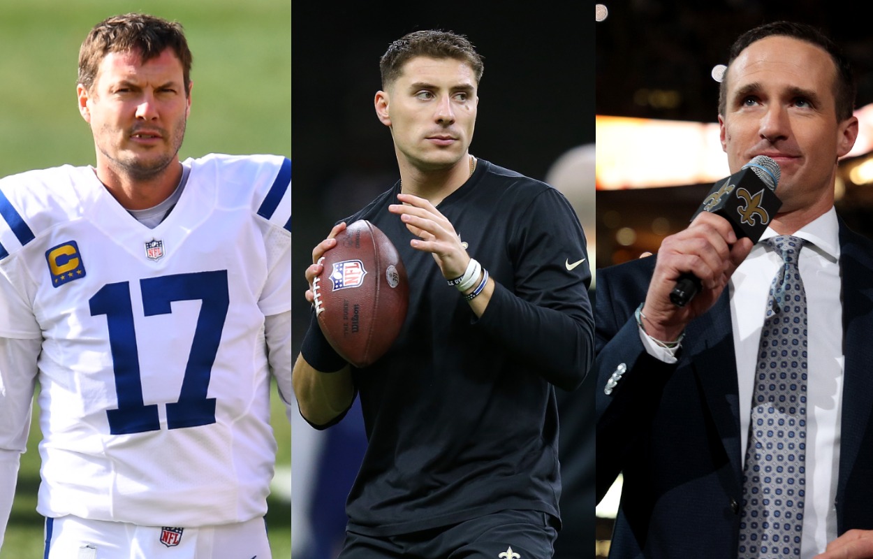 Retired NFL quarterbacks Philip Rivers (L) and Drew Brees (R), with New Orleans Saints quarterback Ian Book in the middle.
