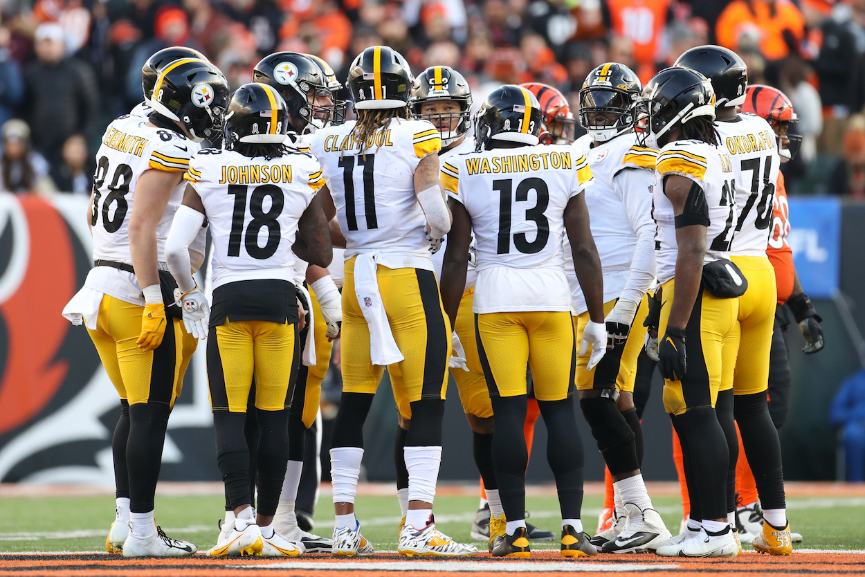 The Pittsburgh Steelers, who Tedy Brushci thinks are soft, huddle during the game against Cincinnati Bengals on November 28, 2021, at Paul Brown Stadium in Cincinnati, OH.