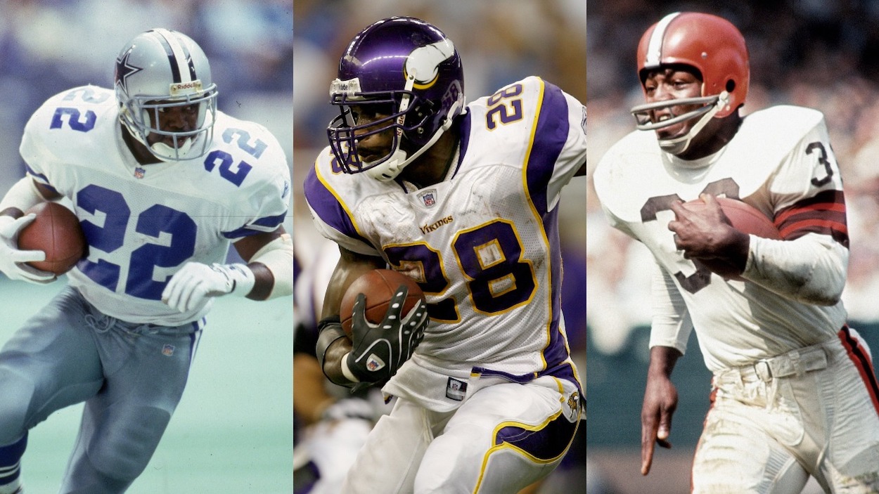RB Triple Crown Winners Emmitt Smith, Adrian Peterson, and Jim Brown