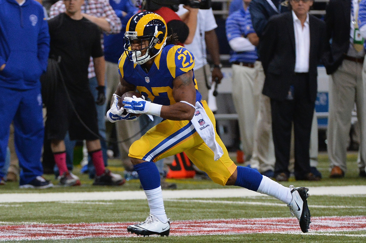Tre Mason and the Los Angeles Rams' throwback uniforms in 2014.