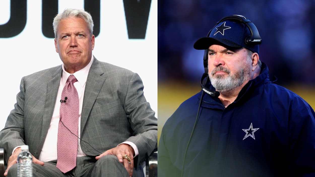 (L-R) Former NFL coach & ESPN analyst Rex Ryan of 'ESPN's Sunday's NFL Countdown' speaks onstage during the ESPN portion of the 2017 Summer Television Critics Association Press Tour at The Beverly Hilton Hotel on July 26, 2017 in Beverly Hills, California; Head coach Mike McCarthy of the Dallas Cowboys looks on against the Washington Football Team during the third quarter at FedExField on December 12, 2021 in Landover, Maryland.