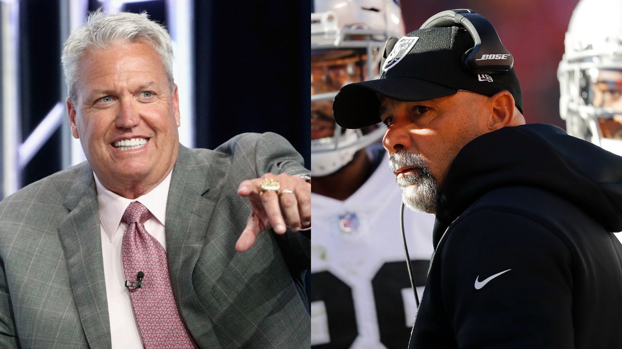 Rex Ryan speaks during an ESPN event; Raiders head coach Rich Bisaccia looks on during loss to the Chiefs