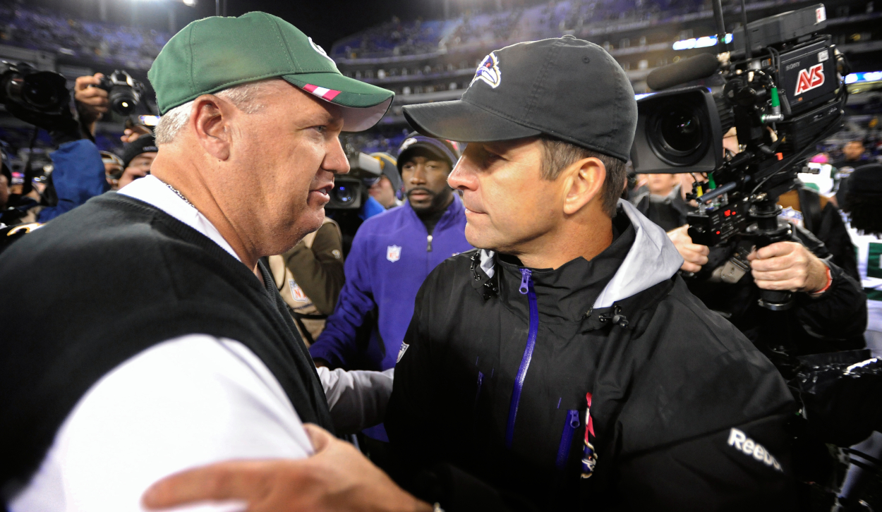 Former New York Jets coach Rex Ryan and Baltimore Ravens coach John Harbaugh in 2011.