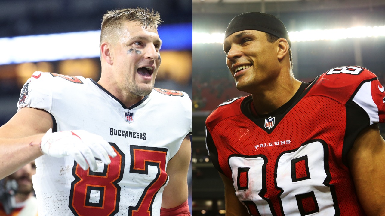 Buccaneers tight end Rob Gronkowski on the sideline during a game; Falcons tight end Tony Gonzalez leaves field after a game