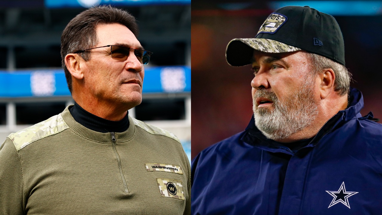 Washington Football Team coach Ron Rivera looks on before a game; Cowboys coach Mike McCarthy reacts during a game