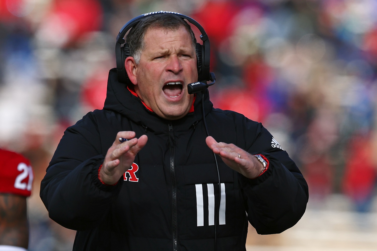 Coach Greg Schiano of the Rutgers Scarlet Knights gestures during the third quarter of a football game against the Maryland Terrapins at SHI Stadium on Nov. 27, 2021.