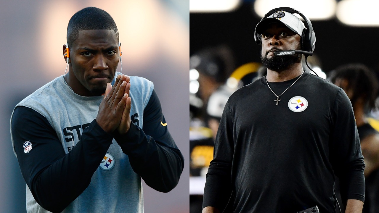 Ben Roethlisberger's teammate Ryan Clark warms up before a game; Steelers coach Mike Tomlin reacts during a game