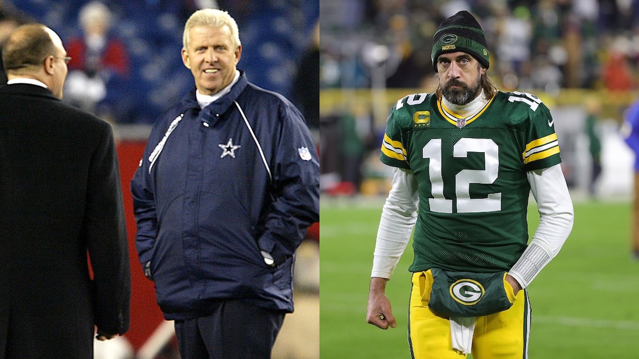 (L-R) Cowboys head coach Bill Parcells gets together with son-in-law Scott Pioli before the game; Aaron Rodgers of the Green Bay Packers leaves the field following a game against the Los Angeles Rams at Lambeau Field on November 28, 2021 in Green Bay, Wisconsin.