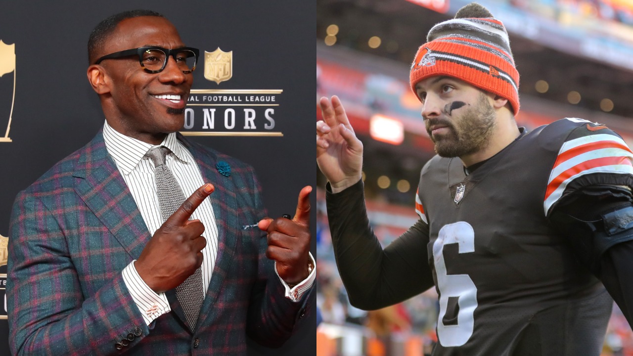Shannon Sharpe poses for picture at NFL Honors; Browns QB Baker Mayfield leaves field after a game