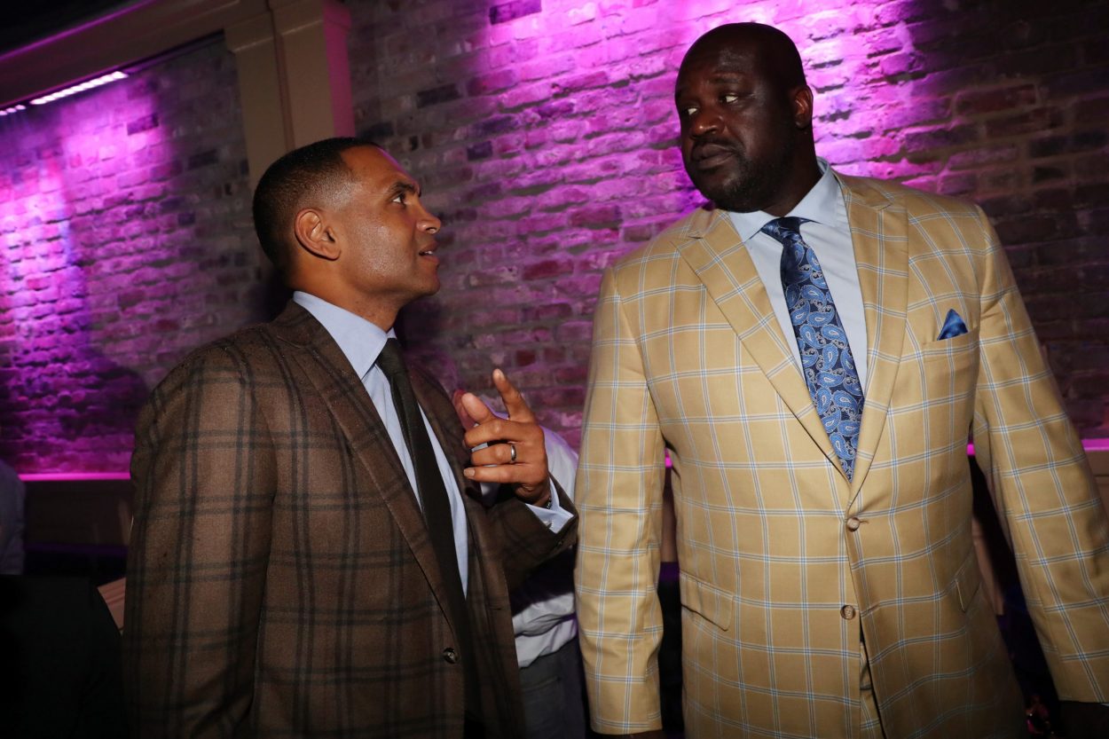 L-R: Grant Hill and Shaquille O'Neal chat during the Kenny Smith All-Star Bash in 2017