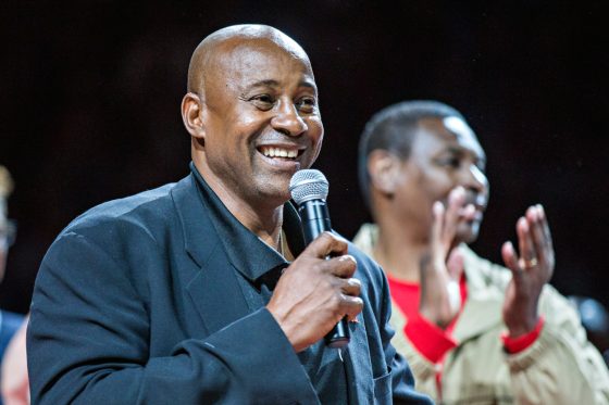 Sidney Moncrief, who led the famed trio of Arkansas Razorbacks players know as the "Triplets" in the late 1970s, addresses the crowd.