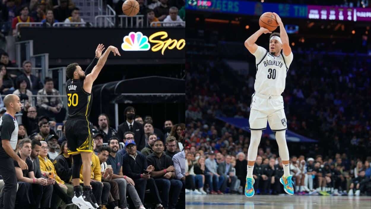 Steph Curry (L) and brother Seth Curry (R) take three-pointers.