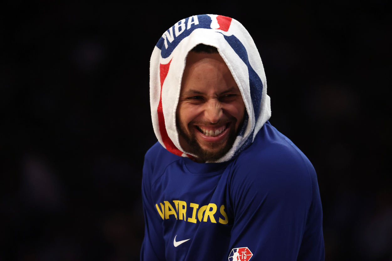 Stephen Curry of the Golden State Warriors laughs during his game against the New York Knicks.