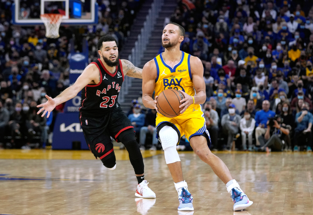 NBA superstar Stephen Curry during a game between the Golden State Warriors and Toronto Raptors in 2021.