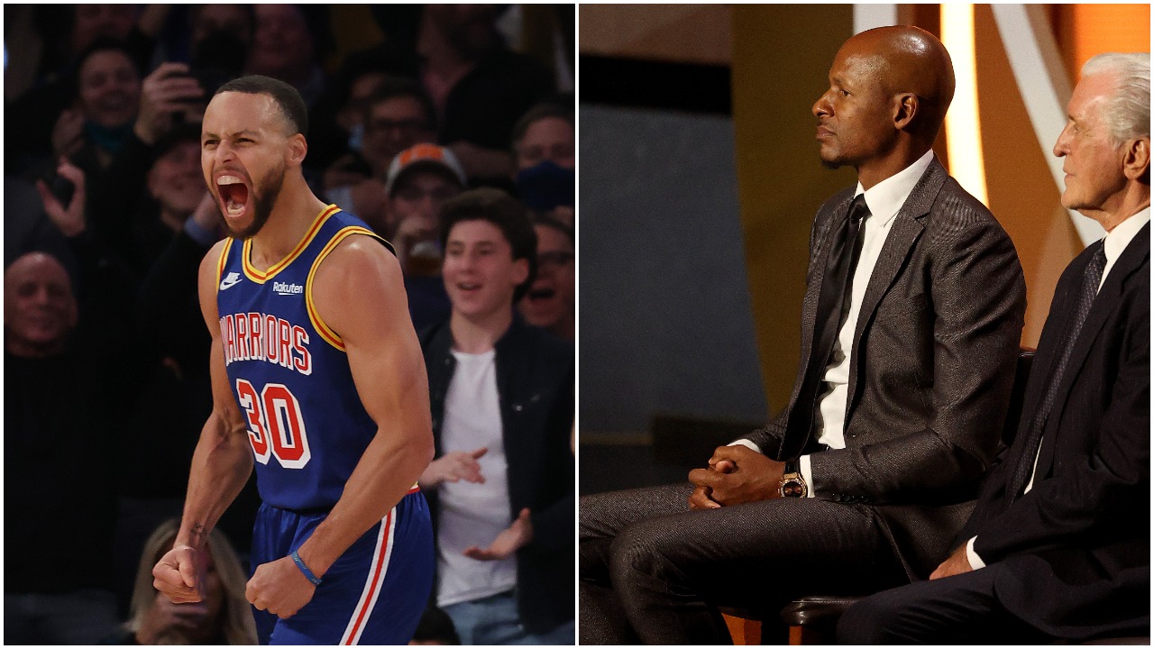 L-R: Stephen Curry reacts to breaking Ray Allen's all-time 3-point record; Ray Allen looks on during the 2021 Naismith Memorial Hall of Fame induction ceremony