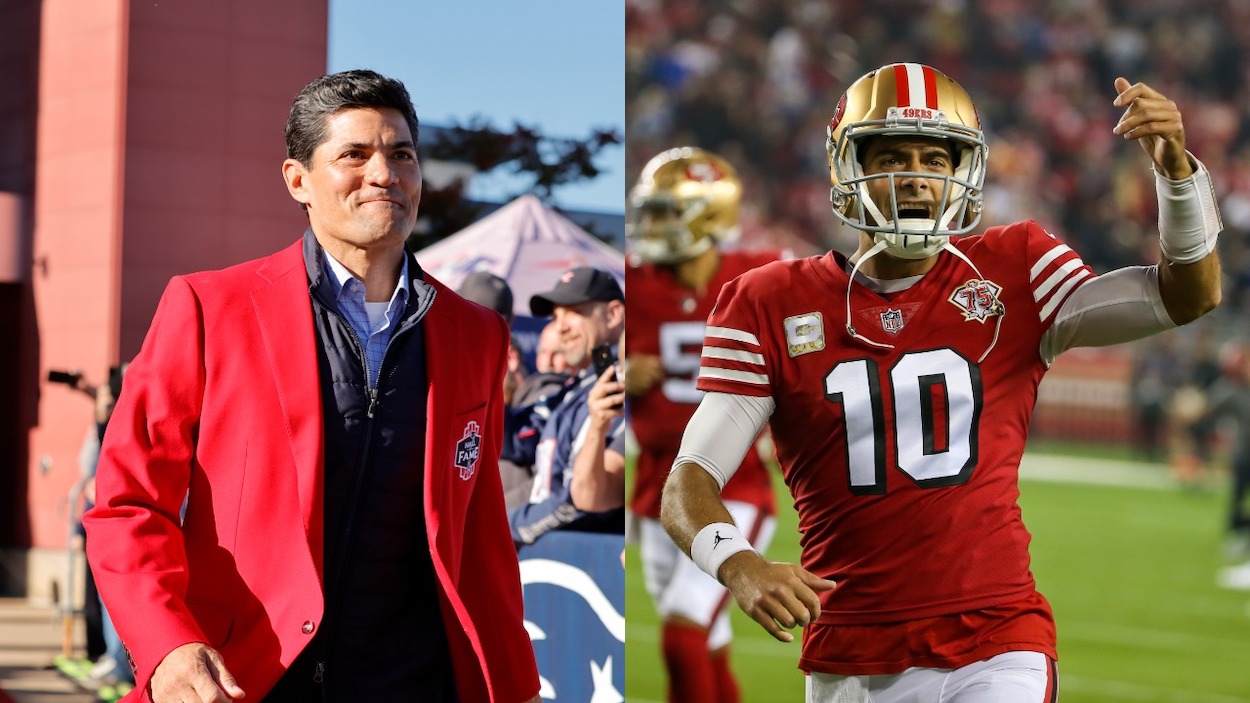(L-R) Current ESPN analyst Tedy Bruschi during the New England Patriots Hall of Fame Induction Ceremony on October 23, 2021, at Gillette Stadium in Foxborough, Massachusetts; an Francisco 49ers quarterback Jimmy Garoppolo during the Los Angeles Rams vs San Francisco 49ers game on Monday November 15, 2021 at Levi's Stadium in Santa Clara, CA.