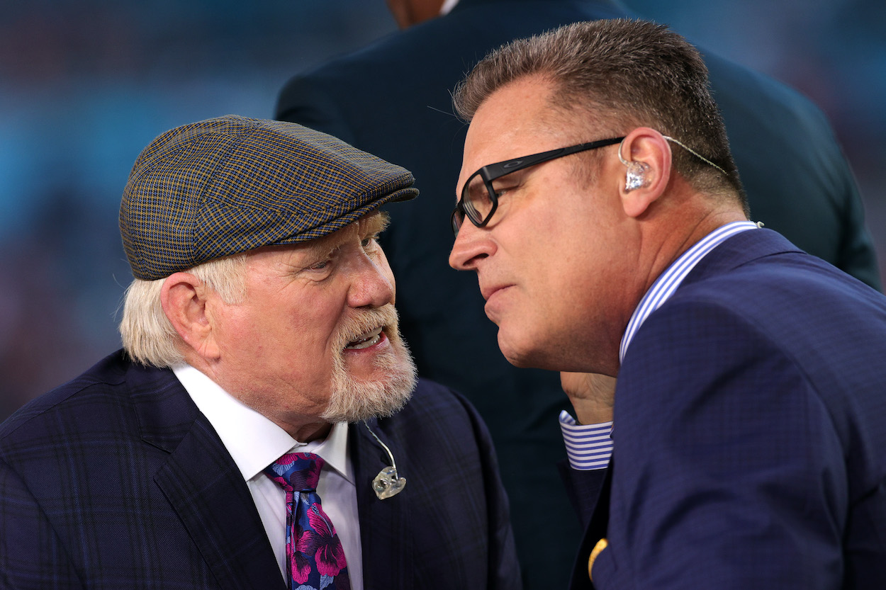 Fox Sports analyst and former NFL quarterback Terry Bradshaw talks with analyst Howie Long prior to Super Bowl LIV between the San Francisco 49ers and the Kansas City Chiefs at Hard Rock Stadium on February 02, 2020 in Miami, Florida.
