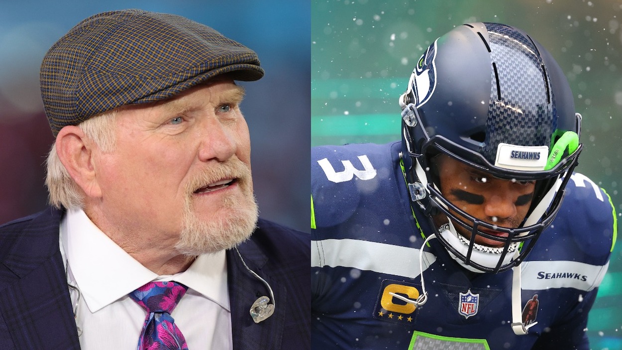 (L-R) Fox Sports host and former NFL quarterback Terry Bradshaw looks on prior to Super Bowl LIV between the San Francisco 49ers and the Kansas City Chiefs at Hard Rock Stadium on February 02, 2020 in Miami, Florida; Russell Wilson of the Seattle Seahawks takes the field before the game against the Chicago Bears at Lumen Field on December 26, 2021 in Seattle, Washington.