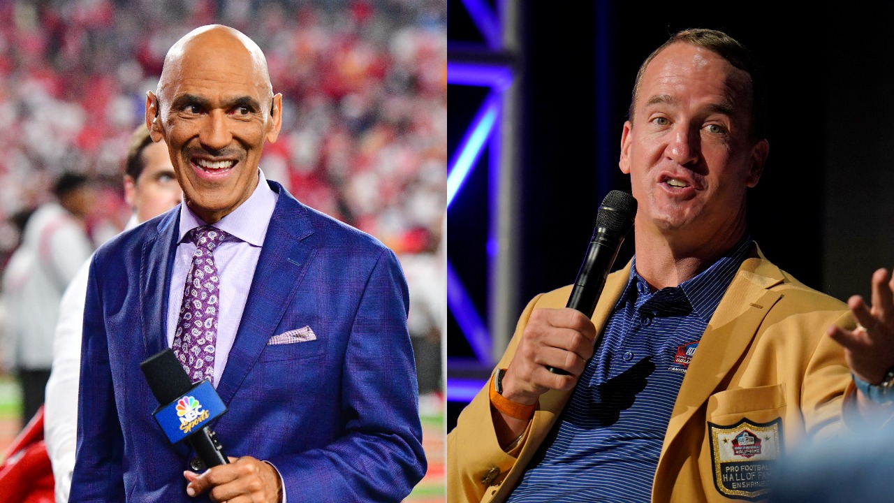 Tony Dungy looks on before a NFL game; Peyton Manning participates in Hall of Fame roundtable