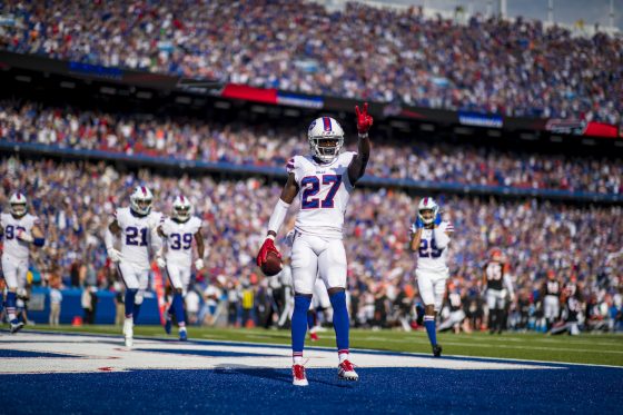 Tre'Davious White of the Buffalo Bills celebrates making the game clinching interception in the final seconds of the fourth quarter against the Cincinnati Bengals at New Era Field on September 22, 2019 in Orchard Park, New York. The Bills Mafia just donated $120,000 and counting to White's favorite charity.