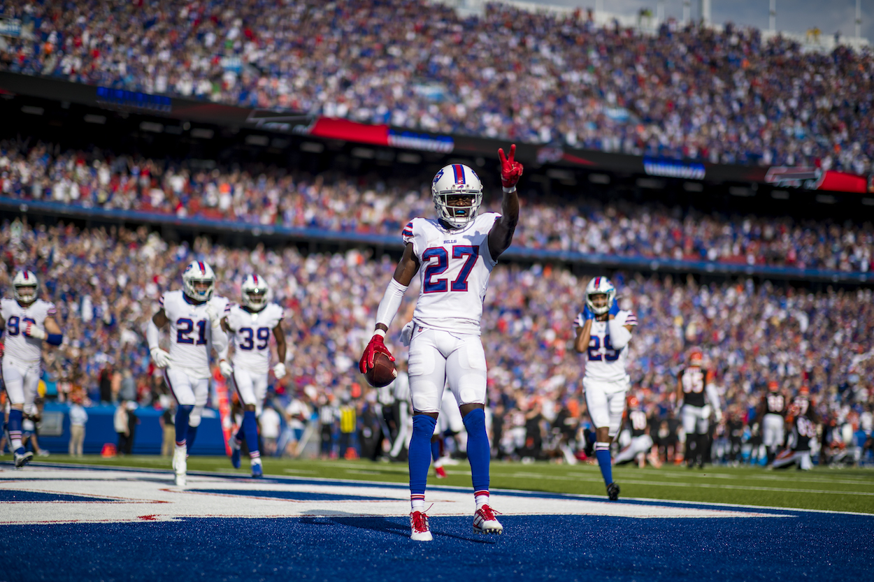 Tre'Davious White of the Buffalo Bills celebrates making the game clinching interception in the final seconds of the fourth quarter against the Cincinnati Bengals at New Era Field on September 22, 2019 in Orchard Park, New York. The Bills Mafia just donated $120,000 and counting to White's favorite charity.