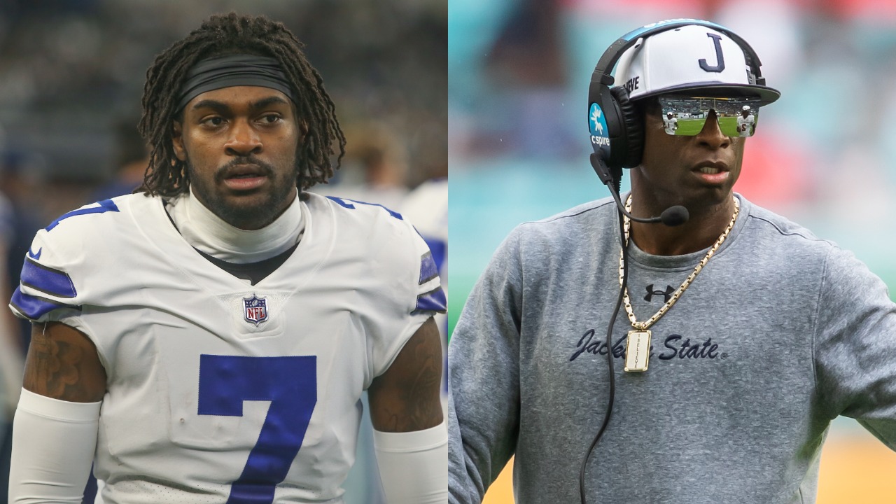 Cowboys cornerback Trevon Diggs looks on during a game | Deion Sanders reacts during a Jackson State game