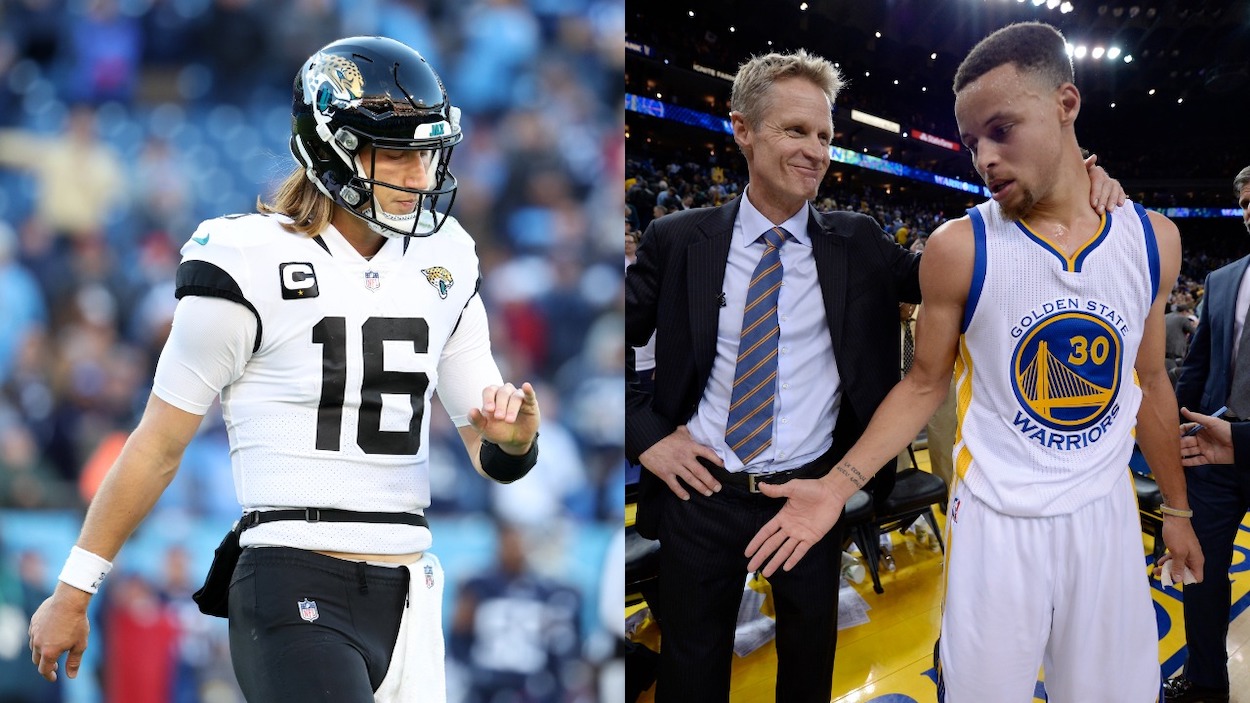 (L-R) Trevor Lawrence of the Jacksonville Jaguars reacts against the Tennessee Titans at Nissan Stadium on December 12, 2021 in Nashville, Tennessee; Golden State Warriors head coach Steve Kerr congratulates Golden State Warriors' Stephen Curry after their win against the Oklahoma City Thunder after their game at Oracle Arena in Oakland, Calif., on Thursday, March 3, 2016.