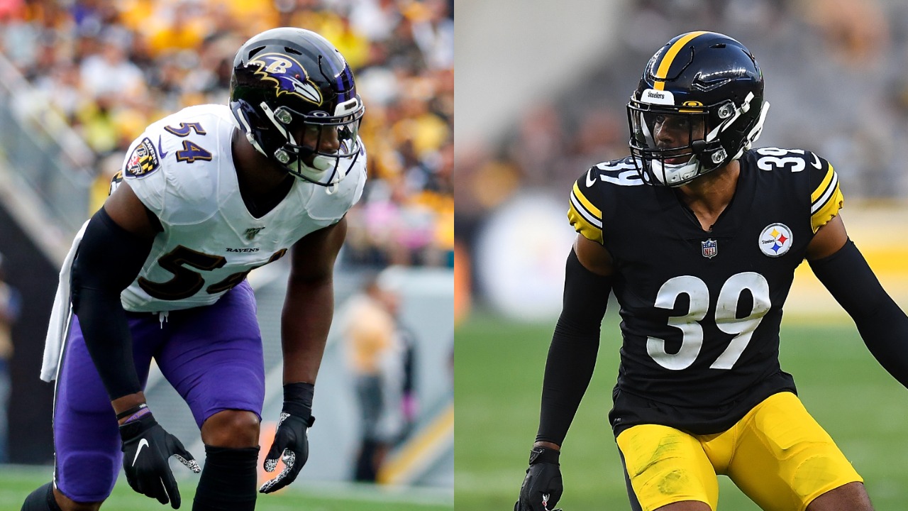 Ravens LB Tyus Bowser lines up for a play; Steelers safety Minkah Fitzpatrick in action 