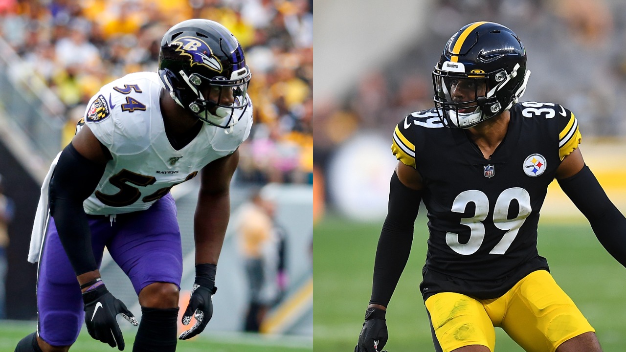 Ravens LB Tyus Bowser lines up for a play; Steelers safety Minkah Fitzpatrick in action