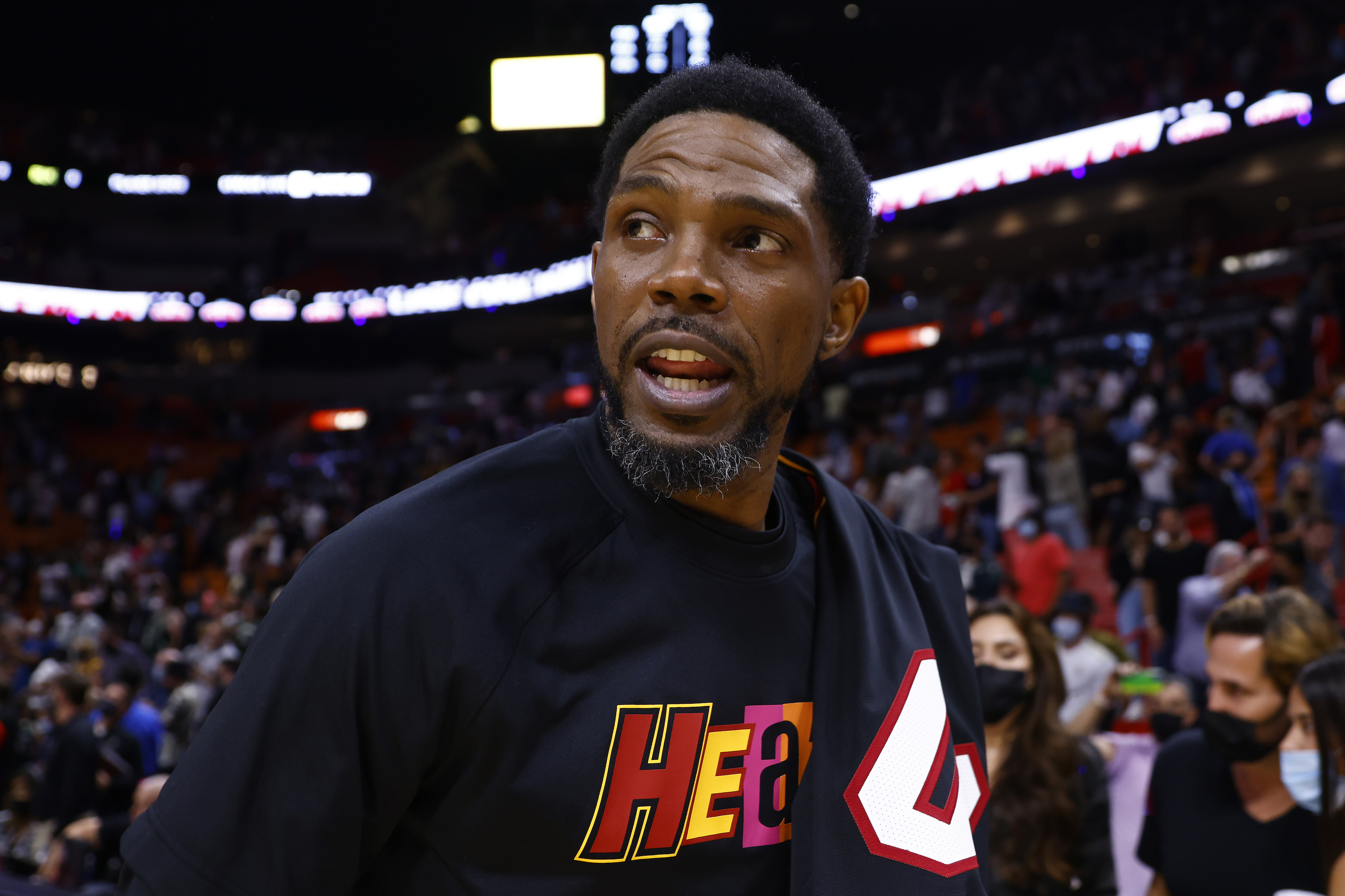 Miami Heat veteran Udonis Haslem reacts during a game against the Milwaukee Bucks