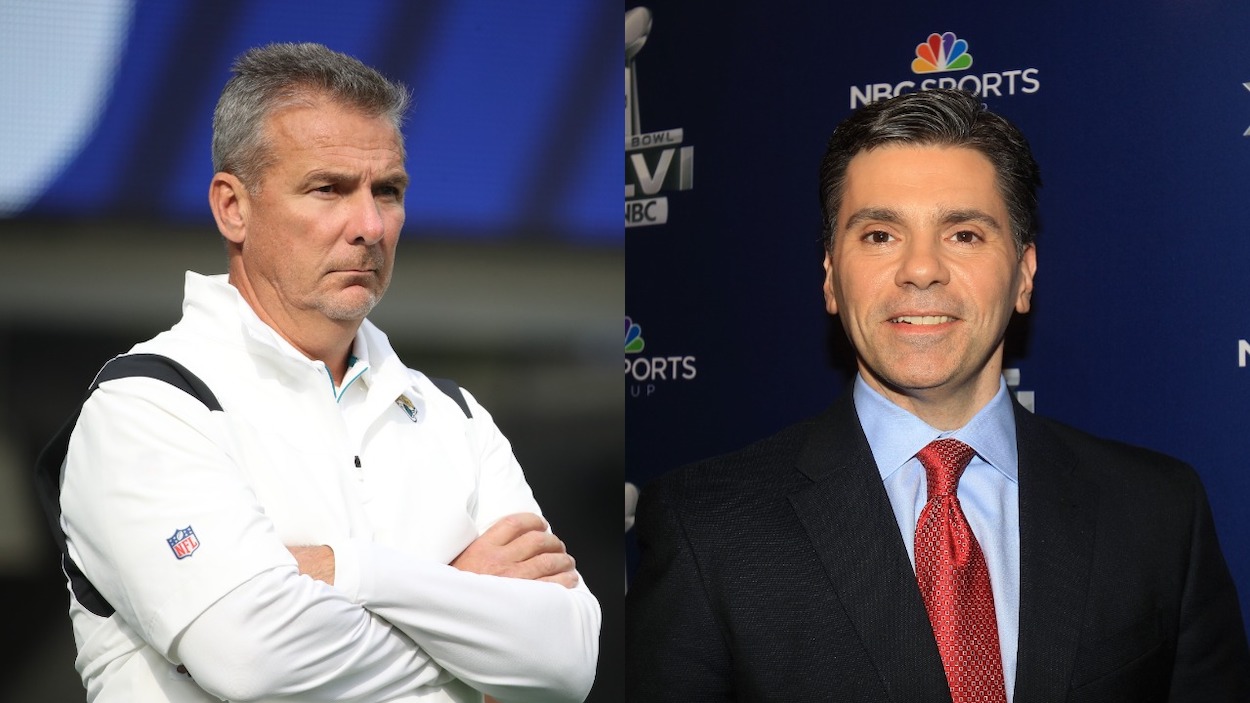 (L-R) Jacksonville Jaguars head coach Urban Meyer before the Jacksonville Jaguars vs Los Angeles Rams game on Sunday December 5, 2021 at SoFi Stadium in Inglewood, CA; NBC studio analyst and Profootball.com write Mike Florio looks on during the Super Bowl XLVI Broadcasters Press Conference at the Super Bowl XLVI Media Canter in the J.W. Marriott Indianapolis on January 31, 2012 in Indianapolis, Indiana.