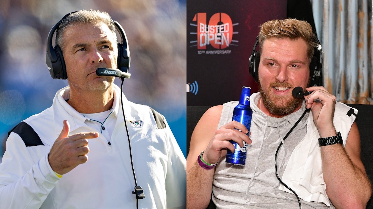 (L-R) Head Coach Urban Meyer of the Jacksonville Jaguars on the sidelines during a game against the Tennessee Titans at Nissan Stadium on December 12, 2021 in Nashville, Tennessee. The Titans defeated the Jaguars 20-0; Pat McAfee attends SiriusXM's "Busted Open" celebrating 10th Anniversary In New York City on the eve of WrestleMania 35 on April 6, 2019 in New York City.