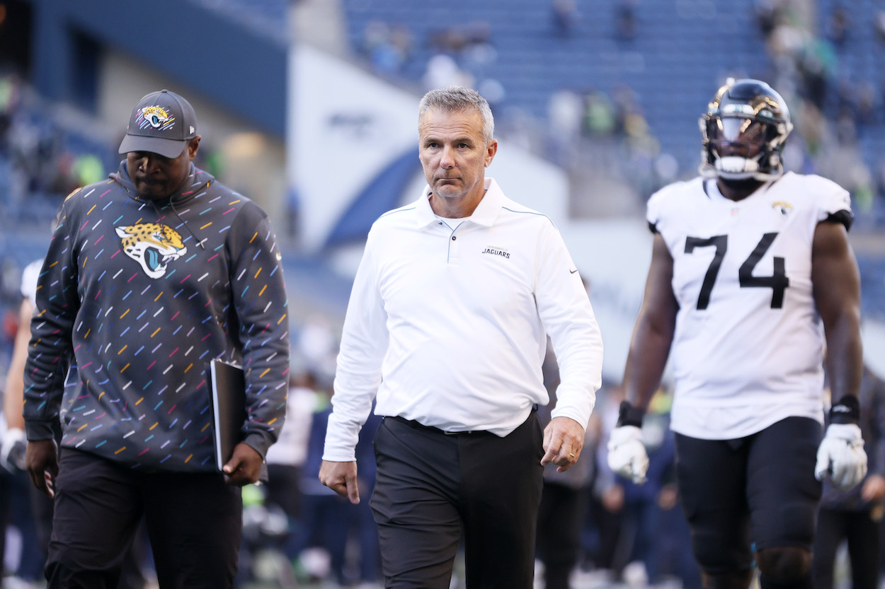 Head coach Urban Meyer of the Jacksonville Jaguars, who NFL insider Tom Pelissero just released a bombshell report on, walks off the field after losing to the Seattle Seahawks 31-7 at Lumen Field on October 31, 2021 in Seattle, Washington.